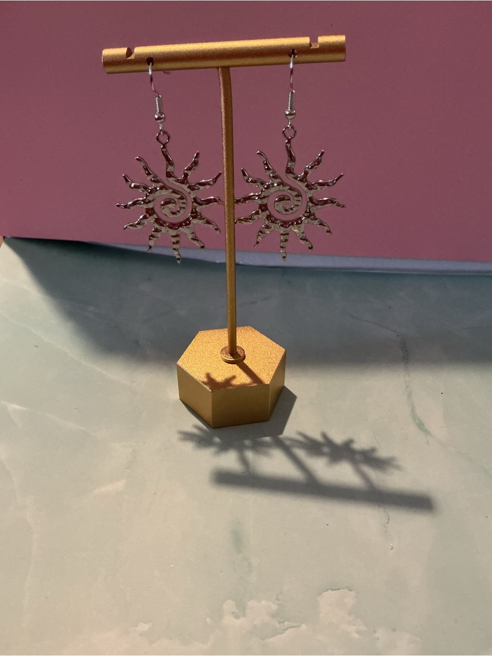 Silver Tone Spiral Sun Earrings